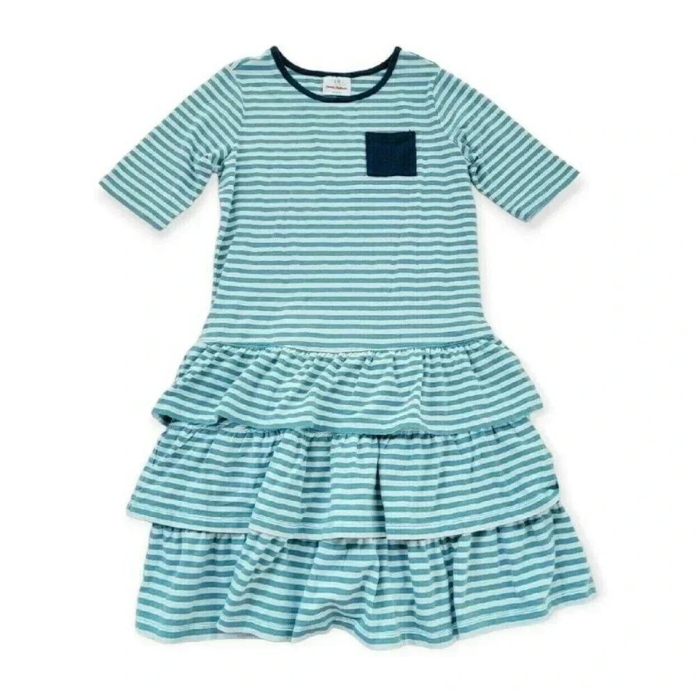 Hanna Andersson Twirl Alot Pocket Dress Blue Stripe Cotton Spandex 12 Girl